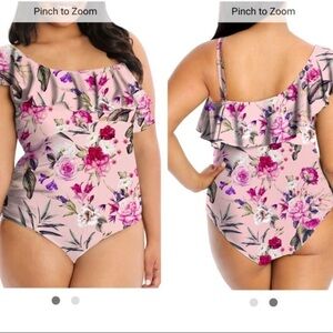 Lysa Plus Size 1x 18/20 Ruffled Shoulder Floral Mauve Pink One-Piece Swimsuit